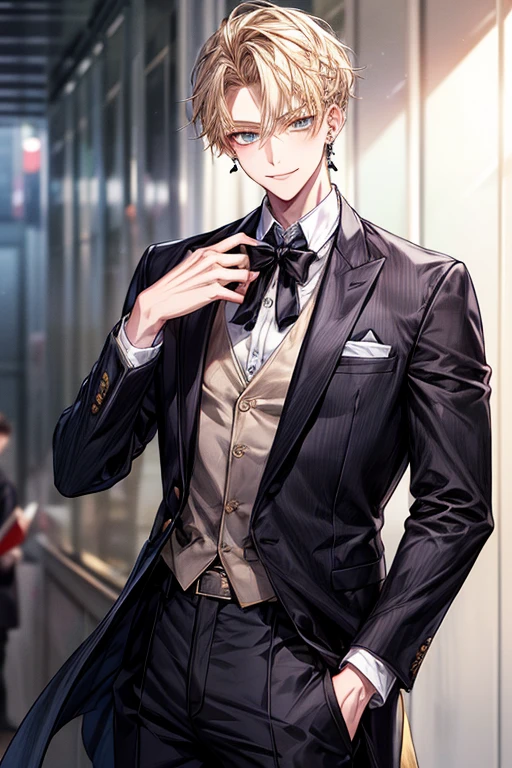 1boy, Face Focus, Black tie、 The jacket is a gray jacket, White shirt, tie, Pants,One ear only, one earring, earrings, Best Quality 、a blond、Golden Eyes、A slight smil、Tall、High school students、refreshing