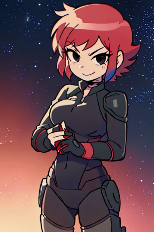 ScottPilgrim Style, 1girl, solo, smile, 1girl, solo, Jane Shepard, FemShep, short hair, red hair, black eyes, black power armor, N7, outer space, ringed planet,