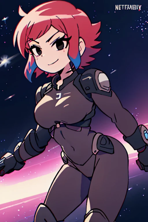 ScottPilgrim Style, 1girl, solo, smile, 1girl, solo, Jane Shepard, FemShep, short hair, red hair, black eyes, black power armor, N7, outer space, ringed planet,