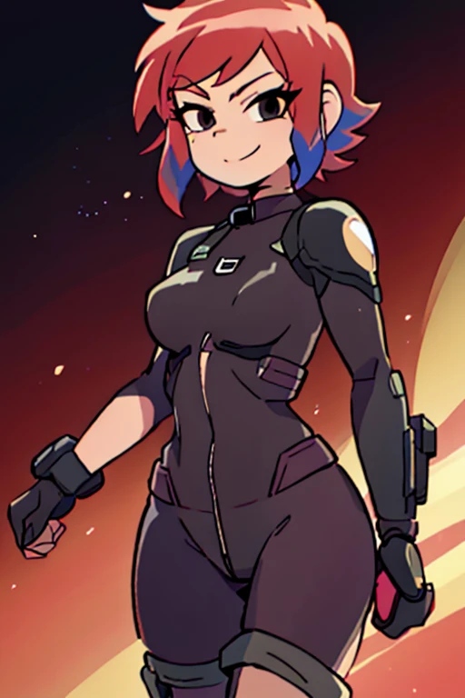 ScottPilgrim Style, 1girl, solo, smile, 1girl, solo, Jane Shepard, FemShep, short hair, red hair, black eyes, black power armor, N7, outer space, ringed planet,