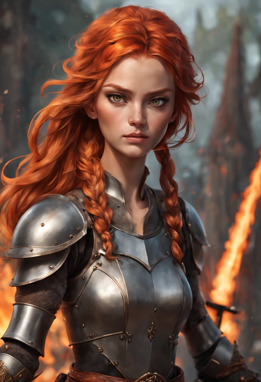 handsome girl, fiery hair, knight, hairlong, fire, Rage, two-handed sword, round face, natural beauty, Physical density, complete face, long eyelashes, without bangs, gray eyes, Burns, Photorealistic picture, bright colours, winner of the shutterstock competition, Fantasy art, a photo of a, movie style, Intricate and subtle details, hiquality