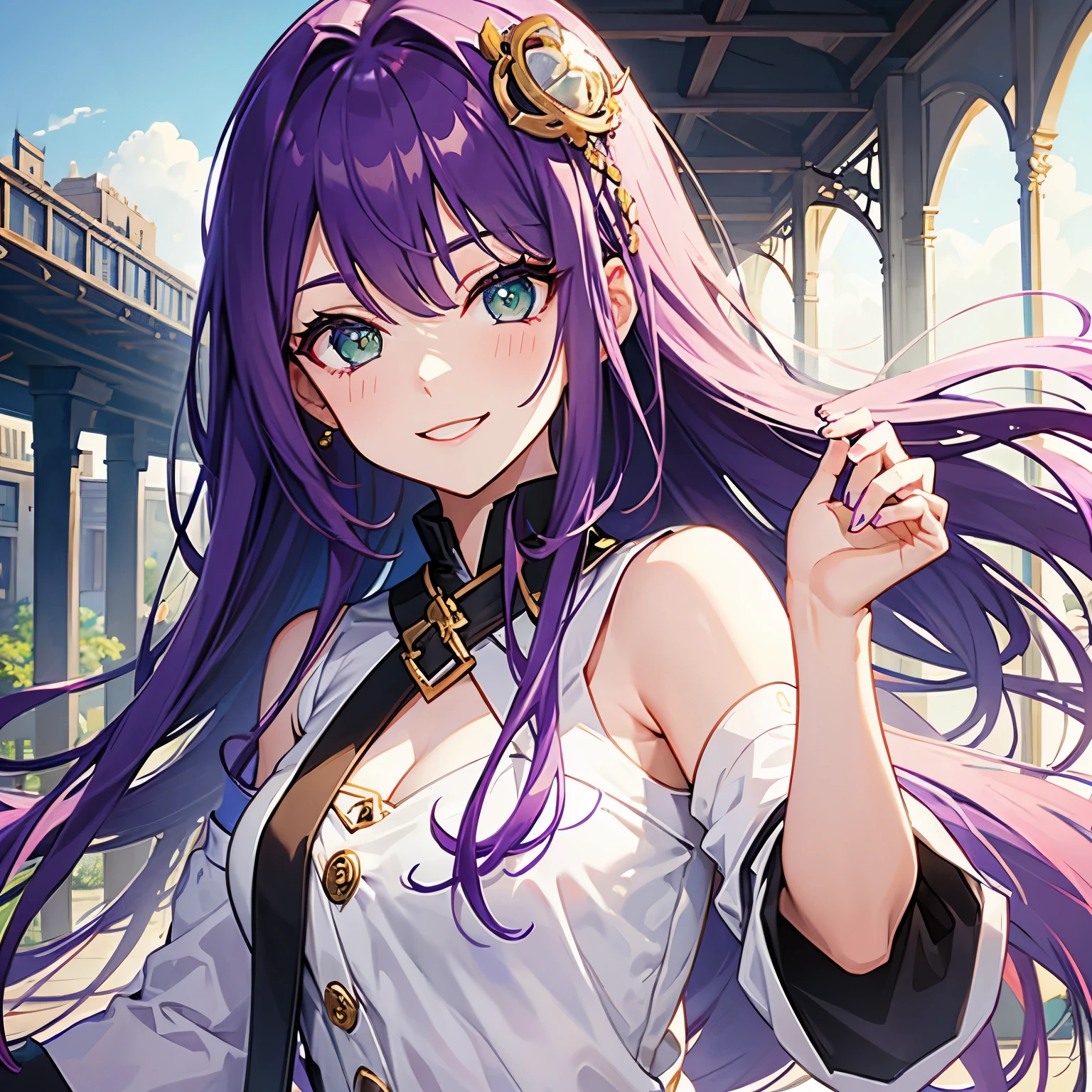 purple hair، green Eyes, girl, smiling