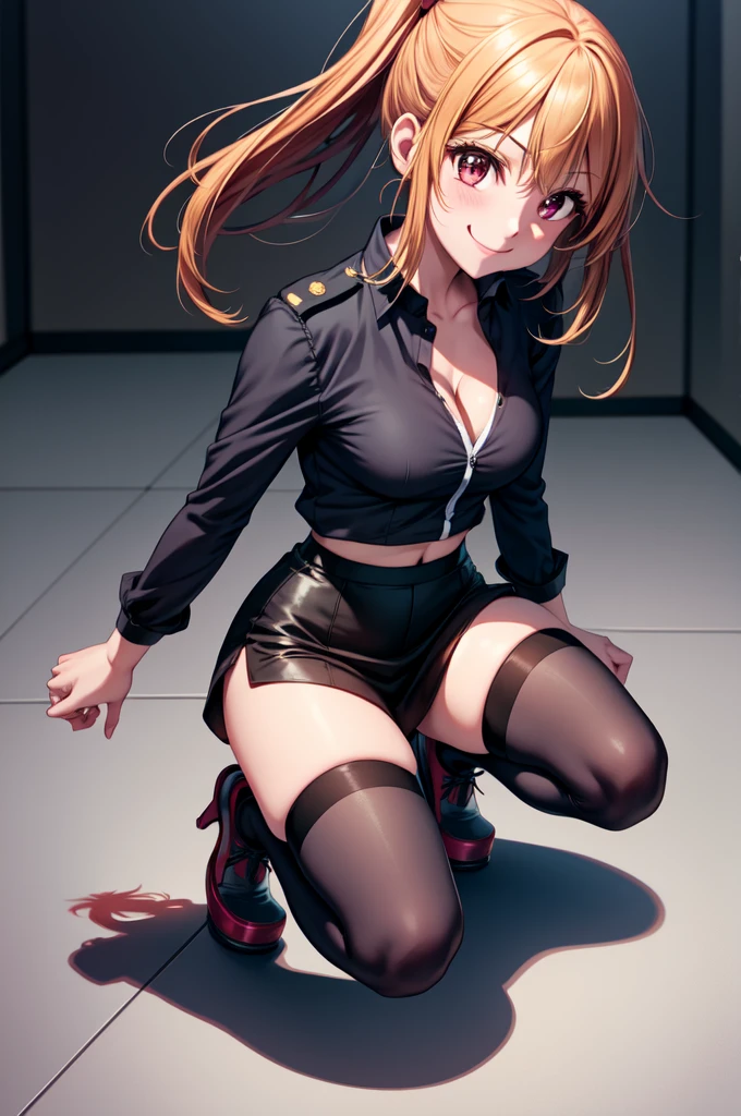 anime, beautiful face, highly detailed face, 2 accurate legs detailed eyes, highly detailed background, perfect lighting, accurate arms, accurate hands, accurate fingers, full body, 1girl, solo, ruby hoshino, oshi no ko, indoors, detailed heels, black detailed thighhighs, indoors, absurdres, high res, ultrasharp, 8K, masterpiece, looking at viewer, (full body:1.4), smiling with compassion, teasing smile, black heels, detailed thighhighs, black tight skirt, police uniform, unbuttoned police shirt, cleavage, leaning towards viewer