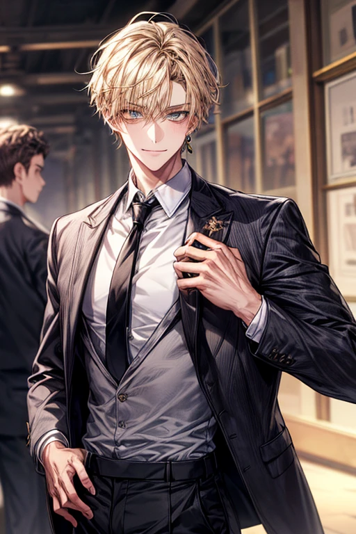 1boy, Face Focus, Black tie、The jacket is a gray jacket, White shirt, Gray slacks,One ring earring in one ear, a blond、Golden Eyes、A slight smil、Tall、High school students、refreshing、Best Quality