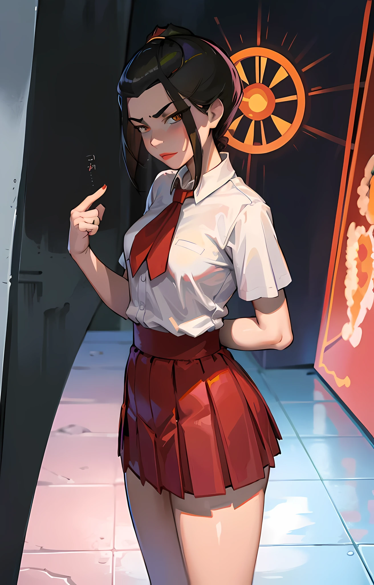 tmasterpiece, beste-Qualit, 独奏, 1girl, Azula, closed mouth, smirk, makeup, décolleté, (white  shirt, mini skirt, panty), wide thighs, ass, stands, Legs apart, pomade, looks at the viewer, Teaching, Erotica, gyaru, Schoolgirl slut, Sperm on the chest