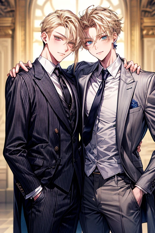 1boy, Face Focus, Black tie、 The jacket is a gray jacket, White shirt, tie, Pants,One ear only, one earring, earrings, Best Quality 、a blond、Golden Eyes、A slight smil、Tall、High school students、refreshing