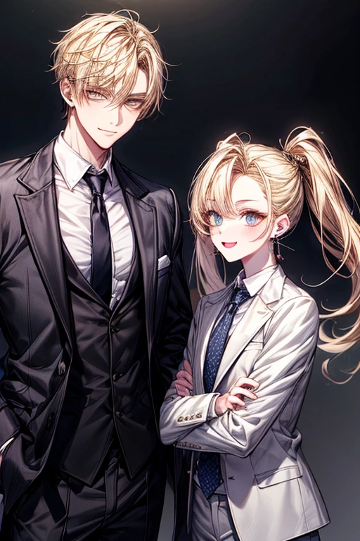 1male people, Face Focus, Black tie、 The jacket is a gray jacket, White shirt, tie, Pants,One ear only, one earring, earrings, Best Quality 、a blond、Golden Eyes、A slight smil、Tall、High school students、refreshing