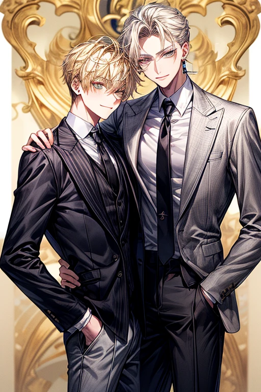 1male people, Face Focus, Black tie、 The jacket is a gray jacket, White shirt, tie, Pants,One ear only, one earring, earrings, Best Quality 、a blond、Golden Eyes、A slight smil、Tall、High school students、refreshing