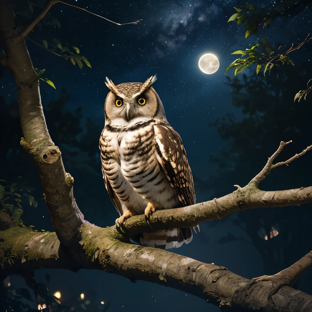 Owl resting in a large tree hollow, nocturnal, full moon, starry sky, (Masterpiece), (Best Quality), (Ultra high Detailes), (Photorealistic)