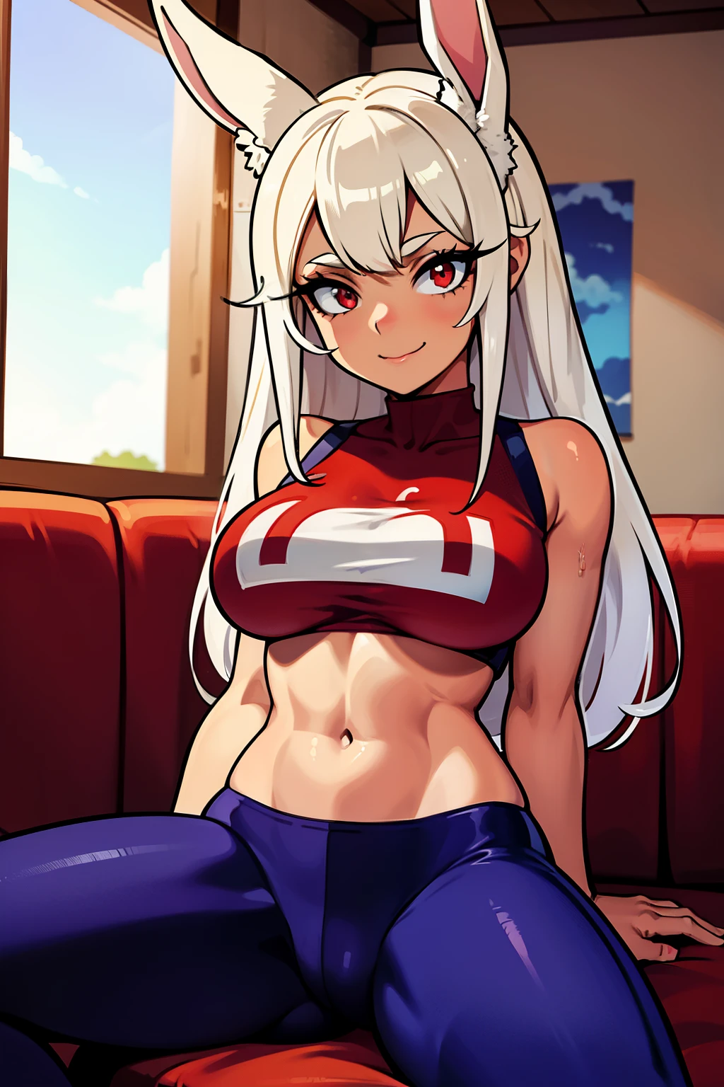 Cute girls,ojos rojos redondos, cabello blanco、orejas de conejo,sexy、sonriendo,Peinado liso medio a largo、(Bigboobs,lleva una lenceria roja,lleva unos leggins rojos,En una casa de alquiler,sitting on the couch,Noche,estaba lloviendo afuera,Upper body is wet.,cuerpo entero,lleva unos leggins rojos,red leggins