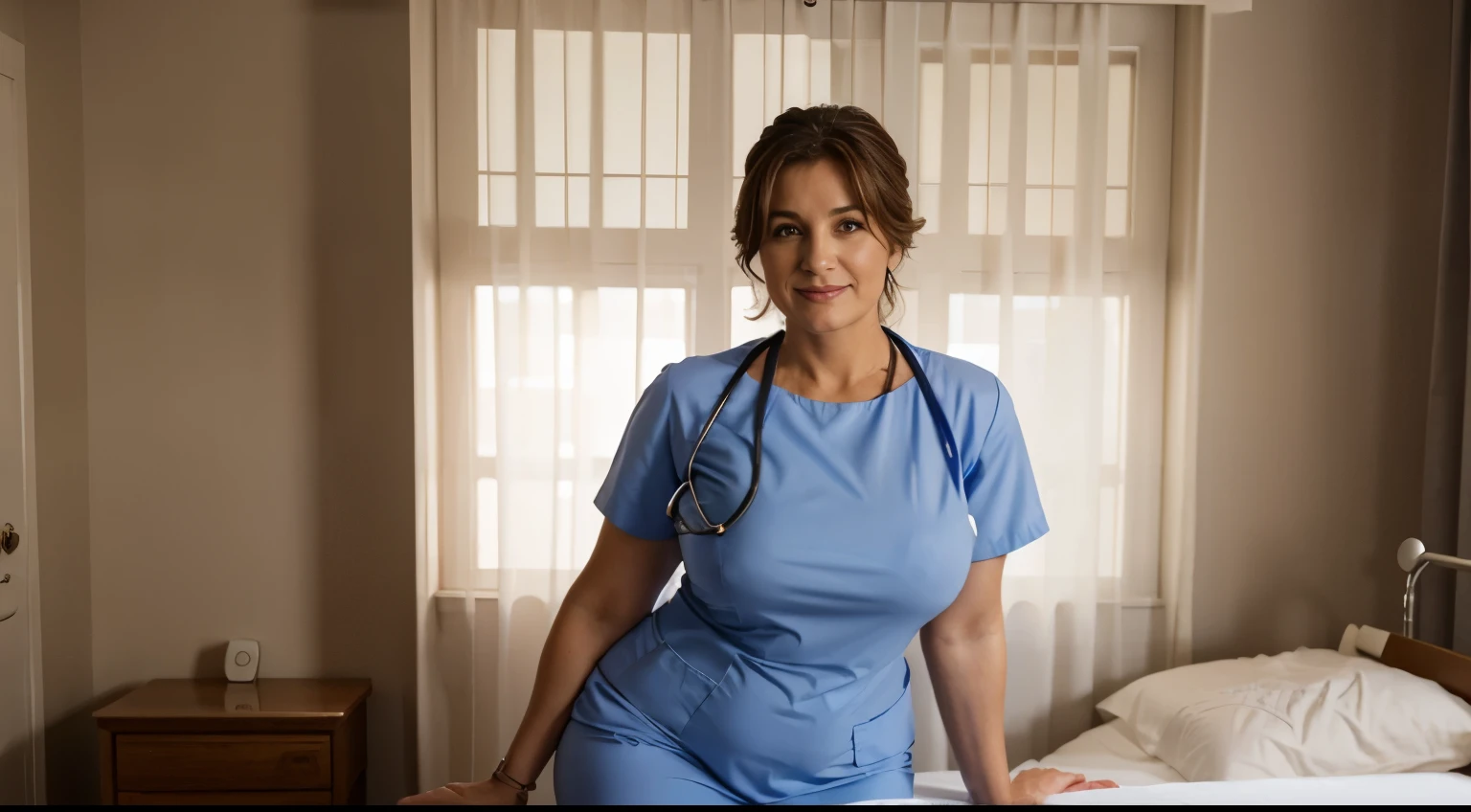 A 58-year-old female nurse with a large figure and a beautiful face. Full-body nursing dress