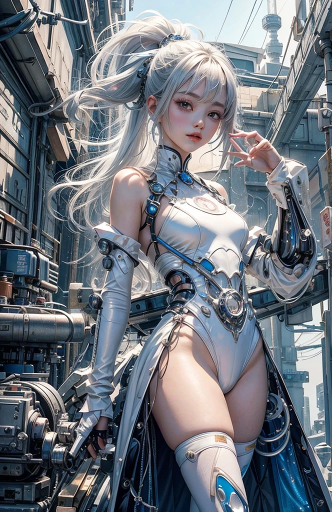masterpiece,top-quality,1 girl in,美丽的面容, 18year old、inorganicness、long silver-white hair、cute like an idol(Official art, Beautiful and aesthetic:1.2), Translucent Ether Machine Girl,Future Girl,Background of mechanical joint structure、Colorful、Highest detail