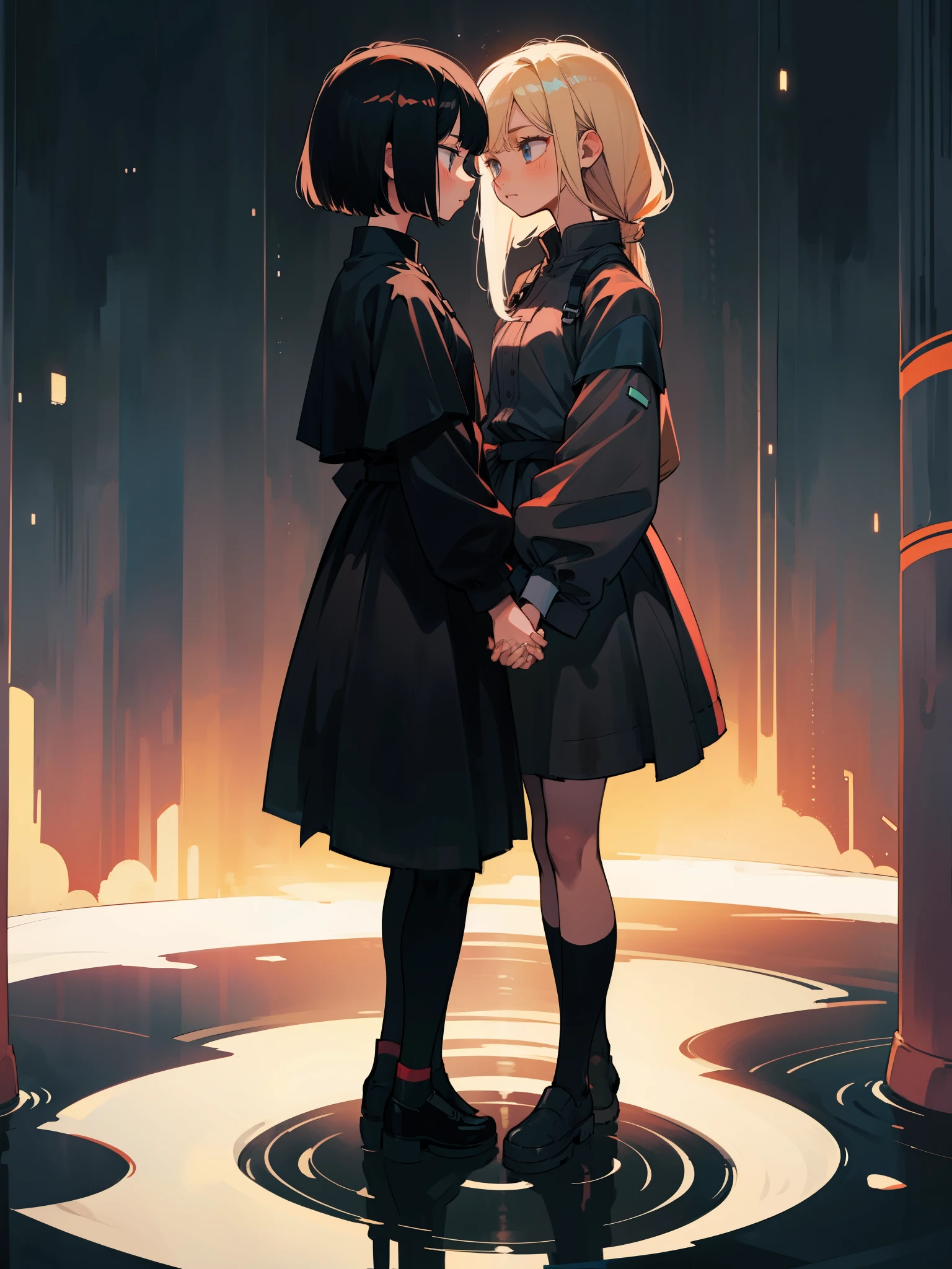 A woman with short black bob hair and a woman with long blonde hair are standing close together, facing each other.、holding each other's hands together、chies