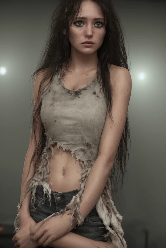 hyper real photo of ((woman inside a club wearing sexy worn-out torn cotton tanktop)), ((detailed realistic face and eyes)), cinematic lighting, 8k resolution, (modelshoot style), , (from_below:1.4), soft small nipples covered by (ripped torn cotton tanktop), natural breasts and dark black long hair