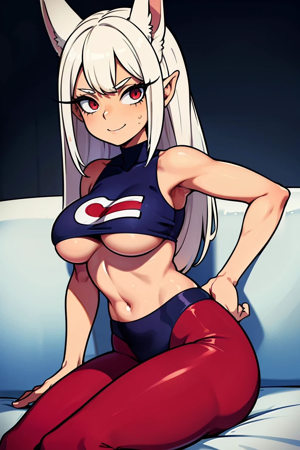 Cute girls,ojos rojos redondos, cabello blanco、orejas de conejo,sexy、sonriendo,Peinado liso medio a largo、（Bigboobs,lleva una lenceria roja，lleva unos leggins rojos,En una casa de alquiler，sitting on the couch，Noche，estaba lloviendo afuera，Upper body is wet.,cuerpo entero,lleva unos leggins rojos,red leggins
