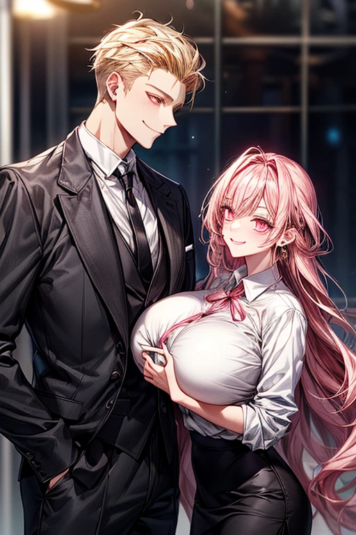 1 man(Black tie、The jacket is a gray jacket, White shirt, Gray trousers、One ear only, one earring,、a blond、Golden Eyes、a smile、Tall、refreshing)、1girll(long pink hair、Pink eyes、huge tit、white shirt、Red Ribbon、Student uniform、Black skirt)、a couple、Flirting、a smile