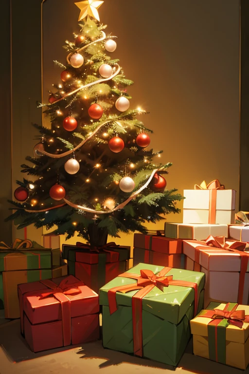 pile of christmas gifts by a christmas tree, multicolour, red green gold silver, warm lighting