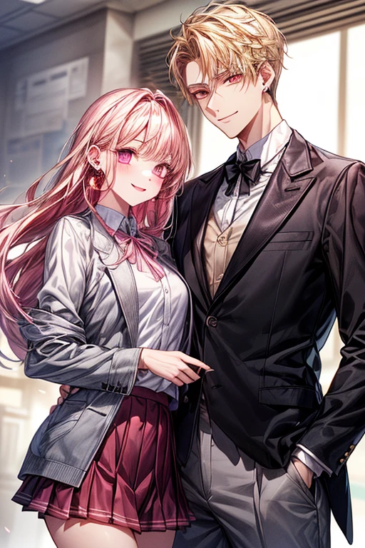 1 man(Black tie、The jacket is a gray jacket, White shirt, Gray trousers、One ear only, one earring,、a blond、Golden Eyes、a smile、Tall、refreshing)、1girll(long pink hair、Pink eyes、white shirt、Red Ribbon、Student uniform、Black pleated mini skirt)、((a couple、Flirting))、a smile