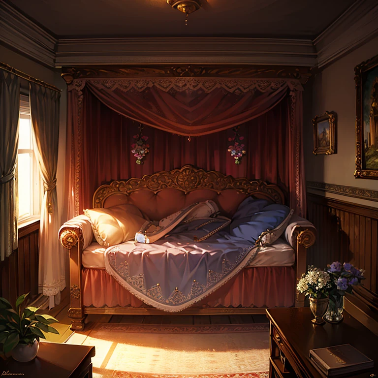 A cozy room in a grandma's house, onde o aroma suave de biscoitos caseiros paira no ar. Flowery curtains let sunlight softly illuminate the space, highlighting the crochet rug that rests on the floor. Comfortable armchairs are arranged around a coffee table, where a lace tablecloth displays an antique kettle and delicate teacups. Nas prateleiras de madeira desgastada, There are old photo albums and a collection of trinkets that tell stories of times gone by.. Ao lado da lareira, a patchwork blanket is lovingly folded over the back of a rocking chair. The ambience is a charming mix of nostalgia, calor e amor, emanating the cozy feeling of a home carefully built over the years.