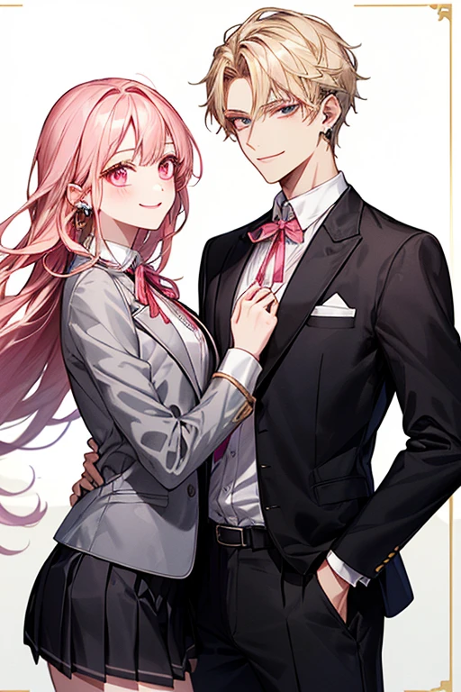 1male people(Student uniform、Black tie、The jacket is a gray jacket, White shirt, Gray trousers、One ear only, one earring,、a blond、Golden Eyes、a smile、Tall、refreshing)、1female(long pink hair、Pink eyes、white shirt、Red Ribbon、Student uniform、Black pleated mini skirt)、(((a couple、Flirting)))、a smile、Classroom