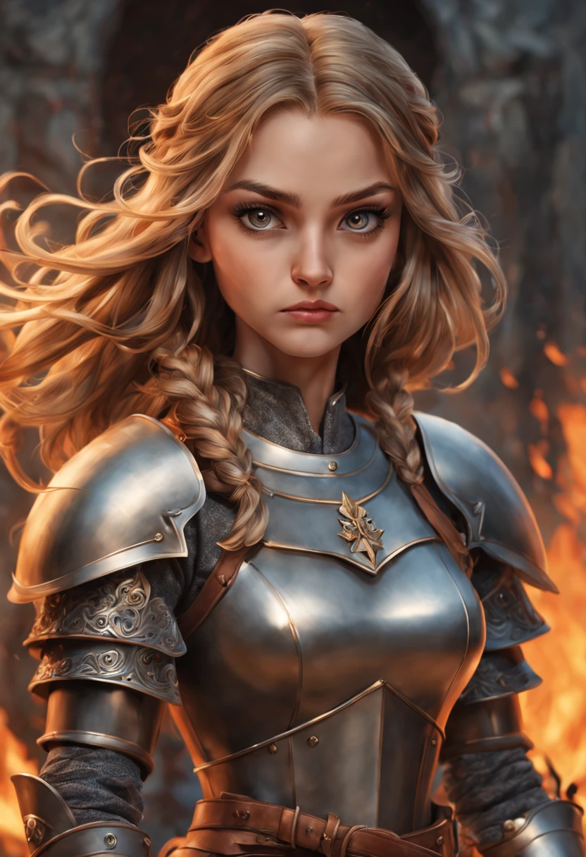 handsome girl, dark blonde hair, knight, hairlong, fire, Rage, two-handed sword, round face, natural beauty, Physical density, complete face, long eyelashes, without bangs, gray eyes, Burns, Photorealistic picture, bright colours, winner of the shutterstock competition, Fantasy art, a  photo of a, movie style, Intricate and subtle details, hiquality