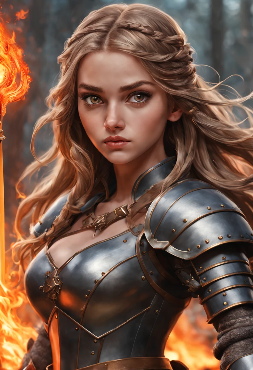 handsome girl, dark blonde hair, knight, hairlong, fire, Rage, two-handed sword, round face, natural beauty, Physical density, complete face, long eyelashes, without bangs, gray eyes, Burns, Photorealistic picture, bright colours, winner of the shutterstock competition, Fantasy art, a  photo of a, movie style, Intricate and subtle details, hiquality