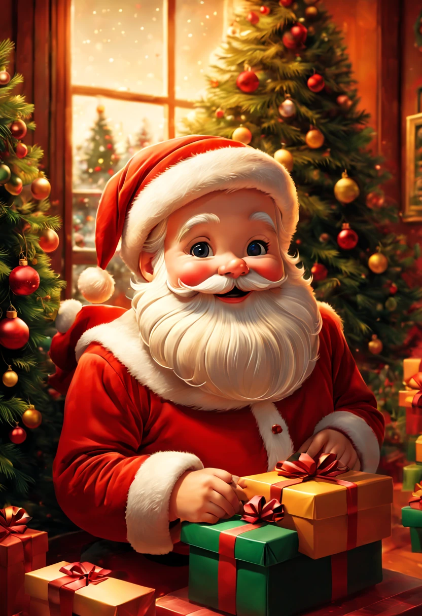 Christmas present in hand(cute illustration)santa，Christmas Eve，Illustration style，retro tone，Christmas tree，Lots and lots of gifts warm palette, The atmosphere is warm，Happy (Extremely realistic CG unified 8k Christmas Eve),(best illuminate, The best shadow, Extremely Delicately Beautiful)