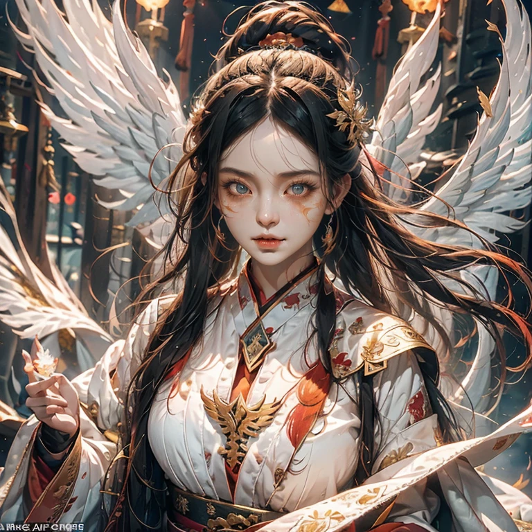 1girll，ice mage dressed in ice white Chinese Hanfu），The robe was embroidered with intricate runes and ornamentudes a burning breath。He was tall and strong，Hands up，Powerful fire spells are being unleashed。her eyes were firm and sharp，A flash of ice flashed in his eyeehind the Flame Mage，（A huge ice phoenix spread its wings and flew：1.2），（The feathers of the phoenix ice with roaring ice），It shines brightly，Its body is surrounded by ice feathers danced，Form a spectacular ice six-pointed star array pattern，Full of mysterious magic，The whole scene is full of fiery aura and passion for fighting，Large areas of flame spells bloomed in the air，A brilliant arc of flame and flying sparks formed，（Flame Mage and Phoenix），It appears majestic and mysterious in the midst of raging fires，Like the embodiment of fire and magic，red hair，high detal，ultra-realistic realism，Verism，（（Bust photo）），（real photograph：1.4），（lightand shade contrast），cinmatic lighting，Realistic special effects，c4d渲染，rendering by octane，Ray traching，in a panoramic view，angle of view，textureskin，super detailing，hyper HD，tmasterpiece，anatomy correct，best qualtiy，A high resolution，8K