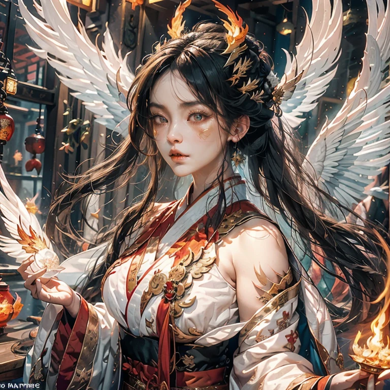 1girll，ice mage dressed in ice white Chinese Hanfu），The robe was embroidered with intricate runes and ornamentudes a burning breath。He was tall and strong，Hands up，Powerful fire spells are being unleashed。her eyes were firm and sharp，A flash of ice flashed in his eyeehind the Flame Mage，（A huge ice phoenix spread its wings and flew：1.2），（The feathers of the phoenix ice with roaring ice），It shines brightly，Its body is surrounded by ice feathers danced，Form a spectacular ice six-pointed star array pattern，Full of mysterious magic，The whole scene is full of fiery aura and passion for fighting，Large areas of flame spells bloomed in the air，A brilliant arc of flame and flying sparks formed，（Flame Mage and Phoenix），It appears majestic and mysterious in the midst of raging fires，Like the embodiment of fire and magic，red hair，high detal，ultra-realistic realism，Verism，（（Bust photo）），（real photograph：1.4），（lightand shade contrast），cinmatic lighting，Realistic special effects，c4d渲染，rendering by octane，Ray traching，in a panoramic view，angle of view，textureskin，super detailing，hyper HD，tmasterpiece，anatomy correct，best qualtiy，A high resolution，8K