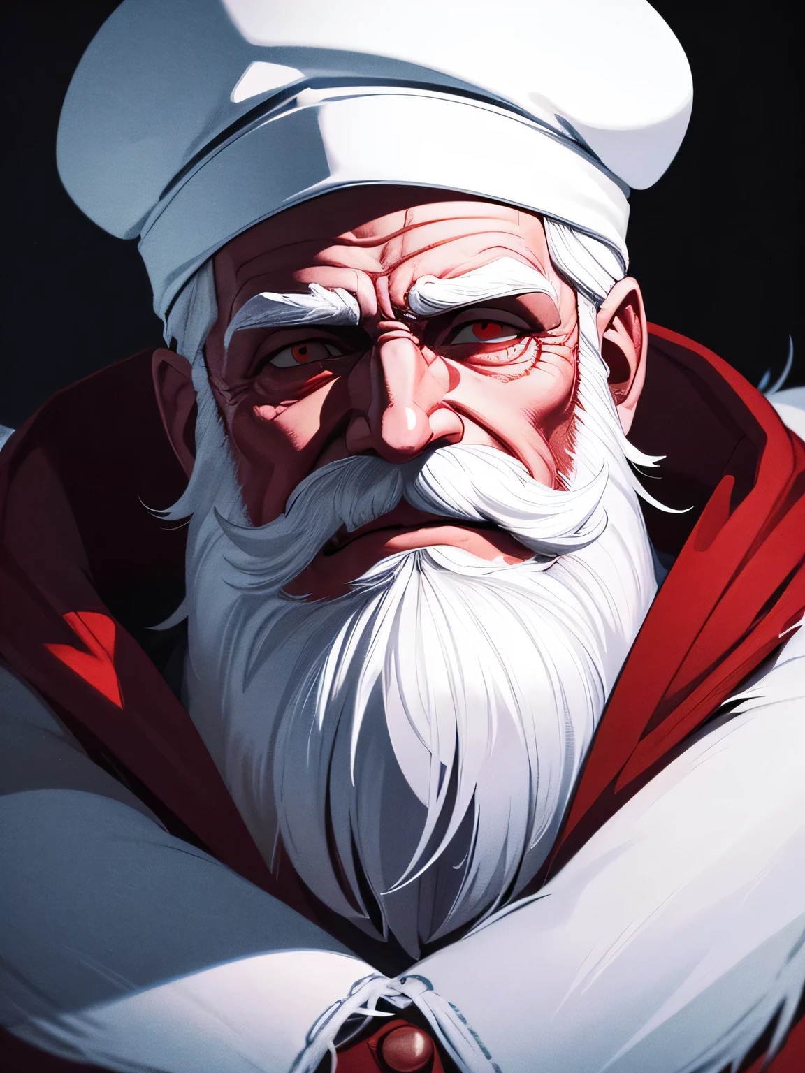 Dark art, horror art, Portrait, Tall man, white beard, white colored hair, white mustache, white and red hat, long red and white clothes, clothes with fur, Big bag, cool blue lights, very detailed winter background