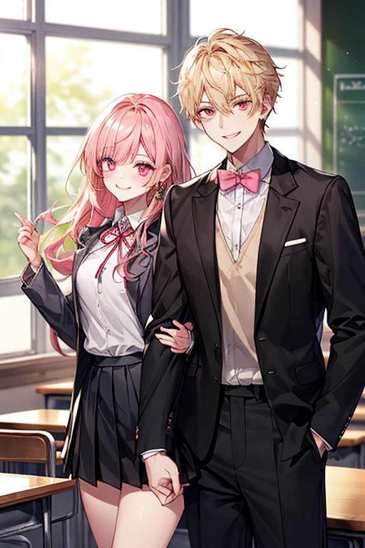 1male people(Black tie、The jacket is a gray jacket, White shirt, Gray trousers、One ear only, one earring,、a blond、Golden Eyes、a smile、Tall、refreshing)、1female(long pink hair、Pink eyes、white shirt、Red Ribbon、Student uniform、Black pleated mini skirt)、(((a couple、Flirting)))、a smile、Classroom
