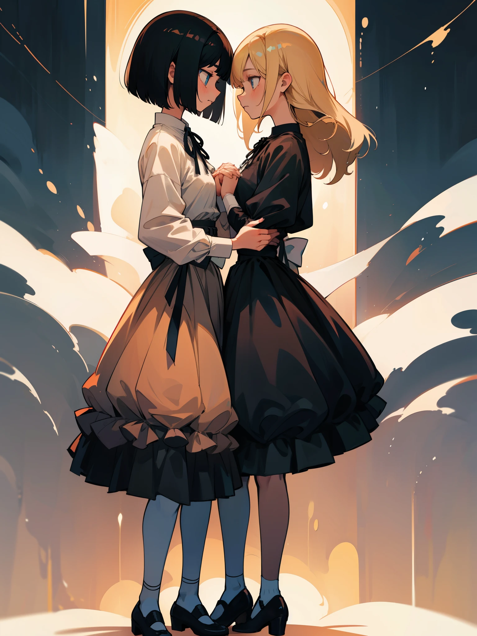 A woman with short black bob hair and a woman with long blonde hair are standing close together, facing each other.、holding each other&#39;s hands together、White shirt with ribbon、skirt by the