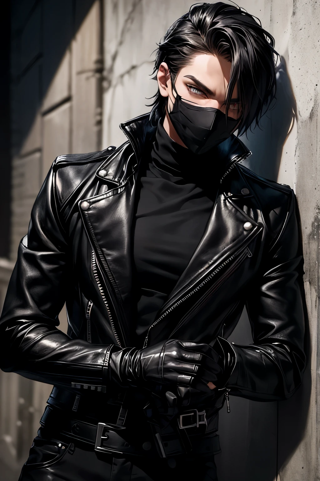 (1 male, man, a man 20-30 years old), gothic rock style, handsome, attractive, sexy, a fierce look, piercing gaze, cold eyes, black hair, (dressed in a black leather jacket with rolled up sleeves, black turtleneck, black leather pants, heavy boots, black leather gloves on both hands, the face is covered with a black mask), leaning against the wall