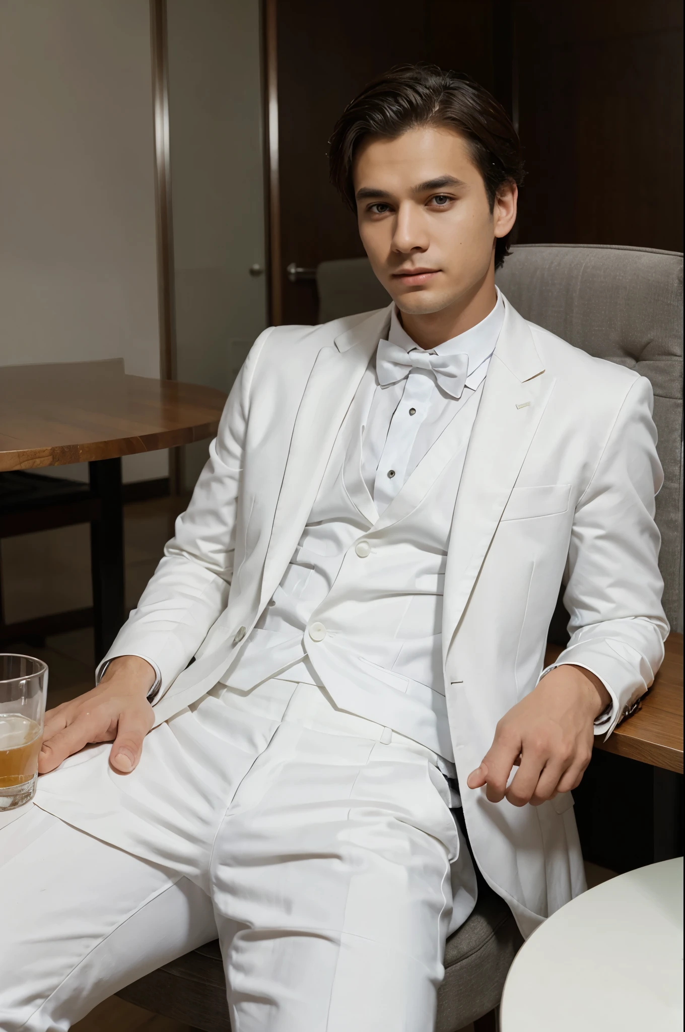 A man sits at a table in a white formal suit