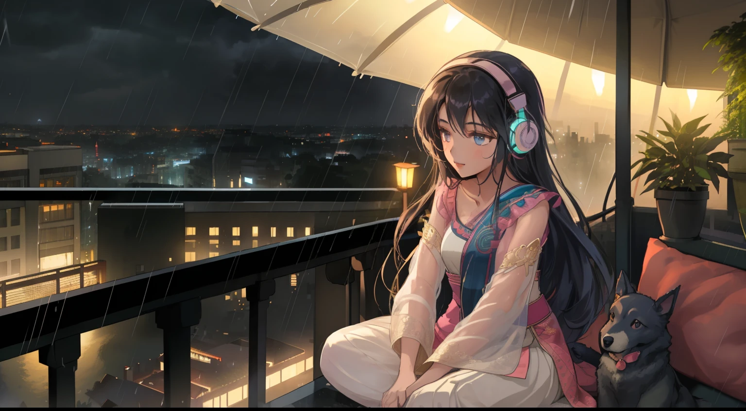 (raining),An Indian cute girl sitting on the balcony , feeling and seeing the out view , focusing the city at night ,in the style of 2d game art ,chinstill 50, with headphones in the ear , linsting the song , night time, coloufull animation skills, with a dog sitting beside next to the girl, some plants pot