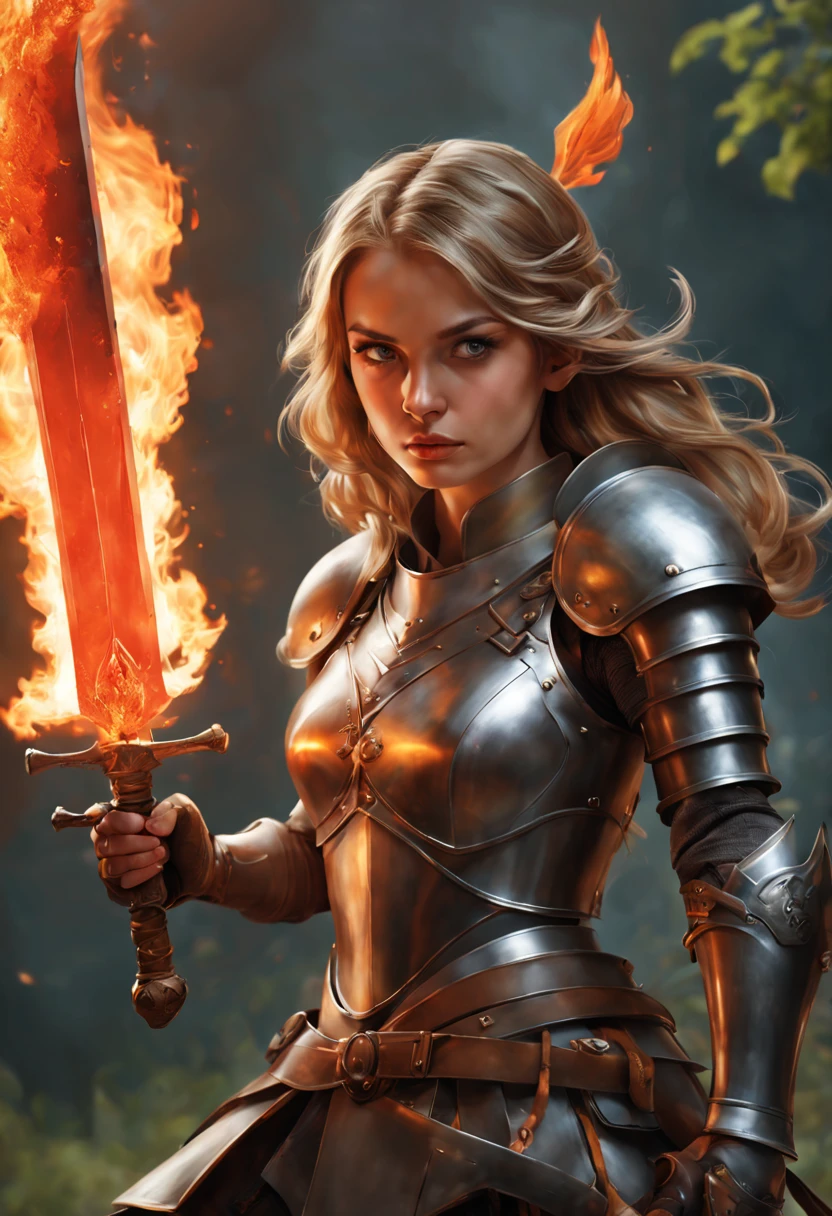 handsome girl, dark blonde hair, knight, hairlong, fire, Rage, two-handed sword, round face, natural beauty, Physical density, wearing her helmet, Burns, Photorealistic picture, bright colours, winner of the shutterstock competition, Fantasy art, a photo of a, movie style, Intricate and subtle details, hiquality