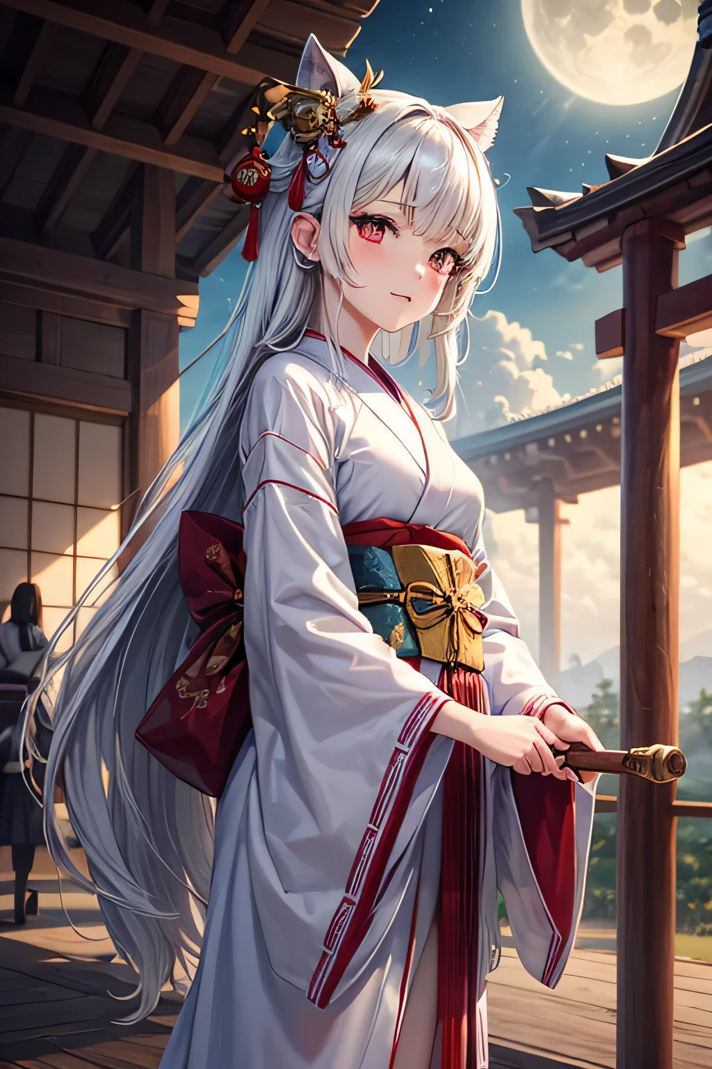 Ancient japanese shrine priestess, Cute Girl, Kimono, Long White Hair, Ruby Red Eyes, Princess, Kaguya, Full Moon, Haori, loli, wielding a priestess staff, summoning spirits, highly detailed, vibrant appearance, creative behavior, extremly detailed, imaginative, , spontaneous, highest quality, skin texture, intricate details, (cinematic lighting), RAW photo, 8k, masterpiece,best quality,ultra-detailed,very detailed illustrations,extremely detailed,intricate details,highres,super complex details,extremely detailed 8k cg wallpaper,