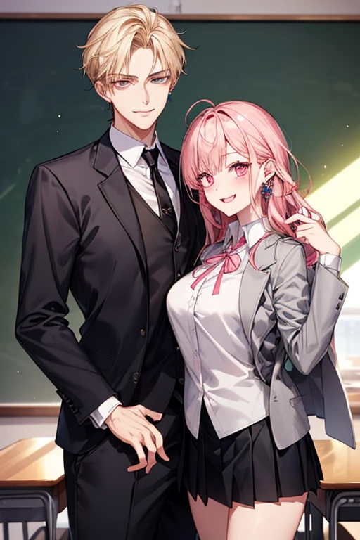 1male people(Student uniform、Black tie、The jacket is a gray jacket, White shirt, Gray trousers、One ear only, one earring,、a blond、Golden Eyes、a smile、Tall handsome、refreshing)、1female(long pink hair、Pink eyes、Short、Beautiful breasts、white shirt、Red Ribbon、Student uniform、Black pleated mini skirt)、(((a couple、Flirting)))、a smile、Classroom
