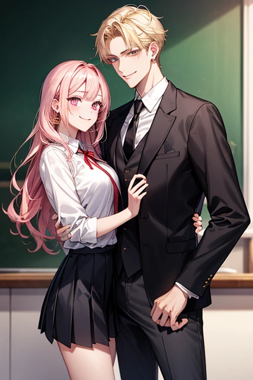 1male people(Student uniform、Black tie、The jacket is a gray jacket, White shirt, Gray trousers、One ear only, one earring,、a blond、Golden Eyes、a smile、Tall handsome、refreshing)、1female(long pink hair、Pink eyes、Short、Beautiful breasts、white shirt、Red Ribbon、Student uniform、Black pleated mini skirt)、(((a couple、Flirting)))、a smile、Classroom