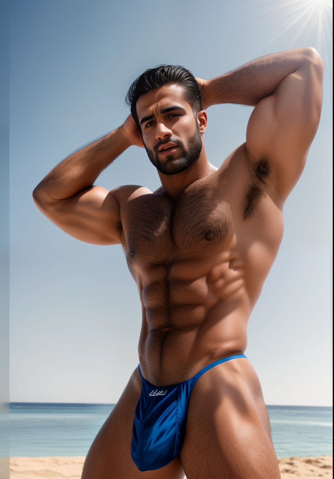 "RAW photo, shirtless, full body view, of a hairy muscular Arabian man in a micro transparent skin-colored speedo, shot in 8k UHD with a Fujifilm XT3 camera, showcasing high-quality details and film grain." gigachad, arabic nose, armpits, double cleft-chin, bodybuilder, dramatic lighting at sunset