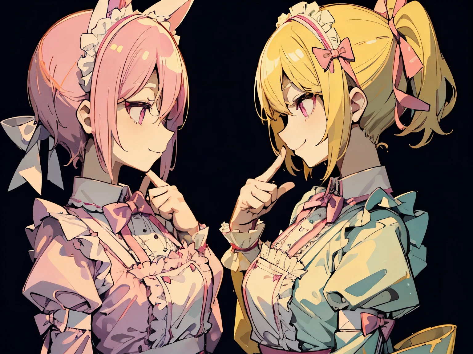 Two femboys enjoy wearing a pink maid costume.staring at each other,(side face,profile),(golden short hair),long-sleeved、Pink shirt cutter、bow ribbon、Apron with white ruffles、looking at another、 Background,smirk, ssmile