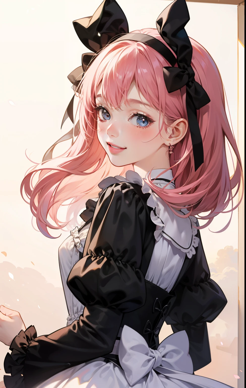 Girl with、Background White、No backstory、pink hair、Two-tailed、Two Nodes、with blush on the cheeks、White and Black Lolita Fashion、frilld、bow ribbon、Smiling、Kawaii、No backstory