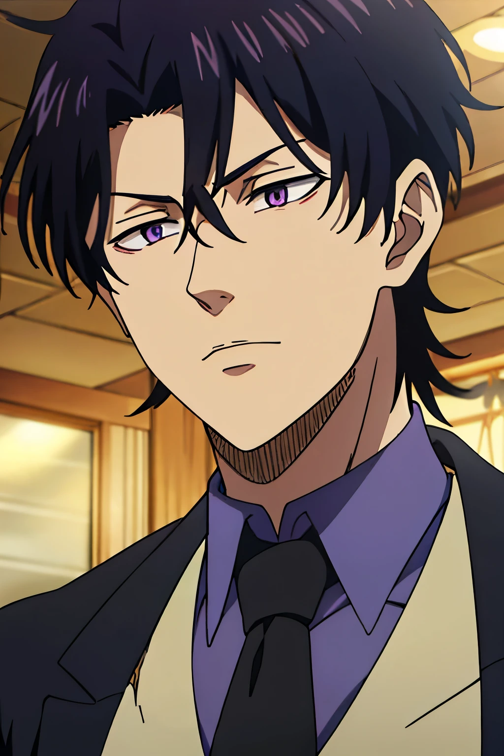 1boy, solo, dark purple hair, purple eyes, muscular male, short haircut,messy short hair,side part hair,side parting bangs, black necktie, long suit, long sleeves,