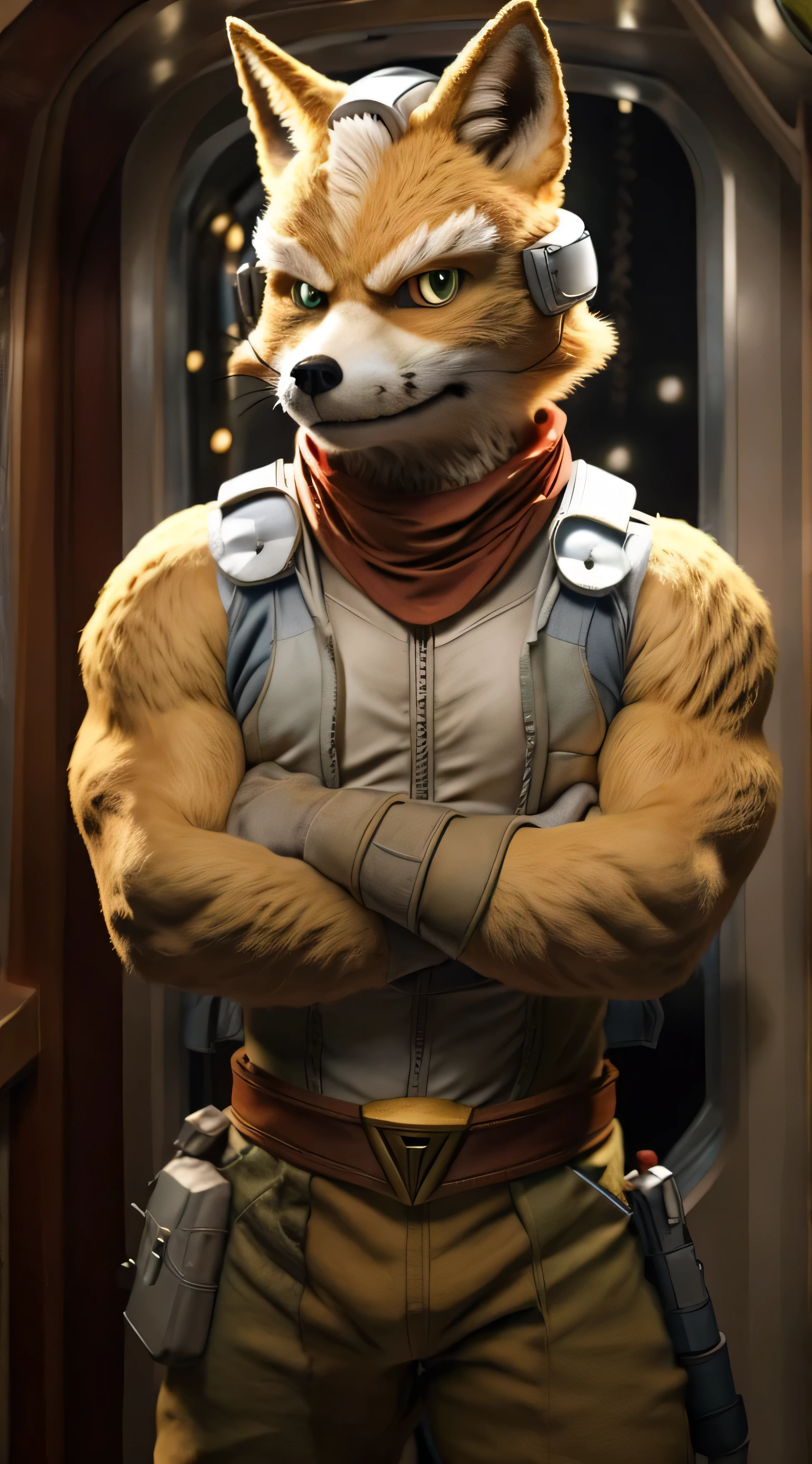 Fox Mccloud alone standing on the ship looking at the viewer with serious expression wearing the default outfit from the latest game beautiful golden angel wings open prepared to fly with arms crossed