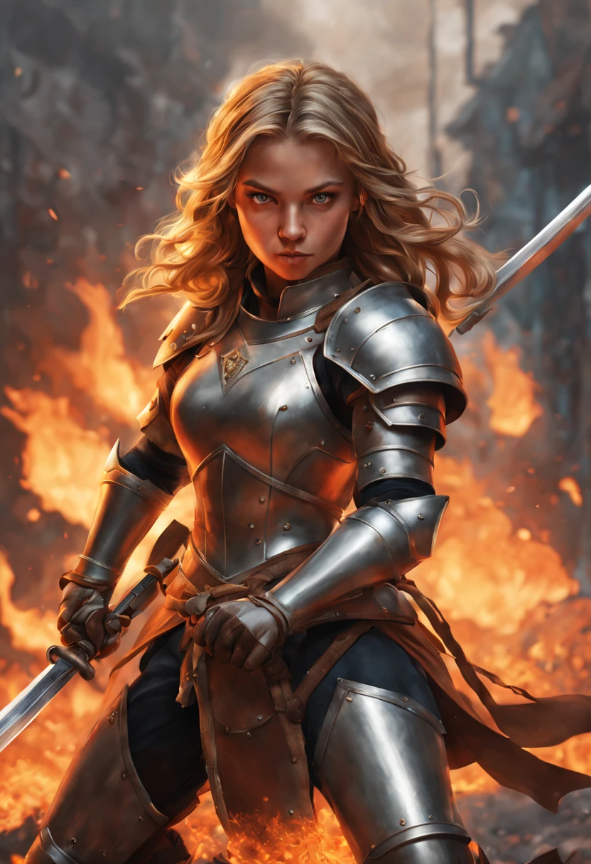 handsome girl, dark blonde hair, knight, hairlong, fire, Rage, two-handed sword, closed face, Physical density, wearing her helmet, Burns, Photorealistic picture, bright colours, winner of the shutterstock competition, Fantasy art, a photo of a, movie style, Intricate and subtle details, hiquality