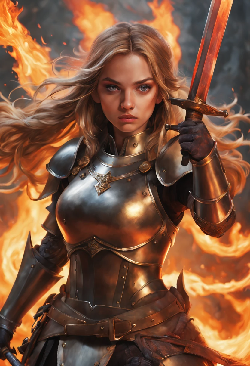 handsome girl, dark blonde hair, knight, hairlong, fire, Rage, two-handed sword, closed face, Physical density, wearing her helmet, Burns, Photorealistic picture, bright colours, winner of the shutterstock competition, Fantasy art, a  photo of a, movie style, Intricate and subtle details, hiquality