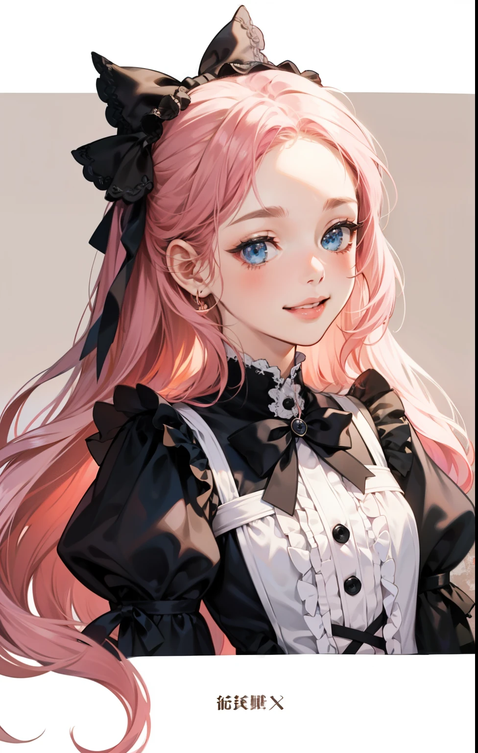 Girl with、Background White、No backstory、pink hair、Two-tailed、Two Nodes、with blush on the cheeks、White and Black Lolita Fashion、frilld、bow ribbon、Smiling、Kawaii、No backstory
