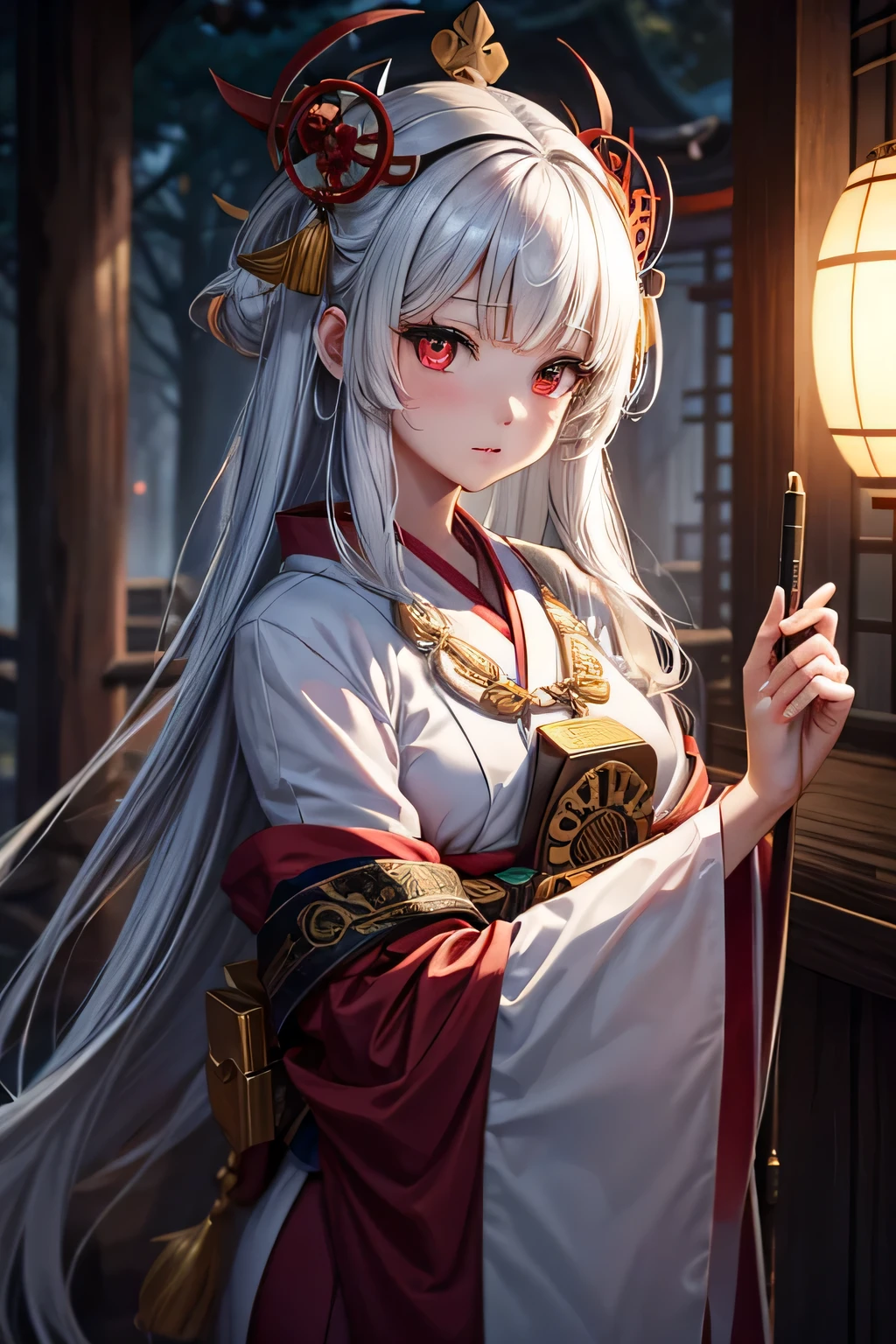 Ancient japanese shrine priestess, Cute Girl, Kimono, Long White Hair, Ruby Red Eyes, Princess, Kaguya, Full Moon, Haori, loli, wielding a priestess staff, summoning spirits, nighttime, highly detailed, vibrant appearance, creative behavior, extremly detailed, imaginative, , spontaneous, highest quality, skin texture, intricate details, (cinematic lighting), RAW photo, 8k, masterpiece,best quality,ultra-detailed,very detailed illustrations,extremely detailed,intricate details,highres,super complex details,extremely detailed 8k cg wallpaper,