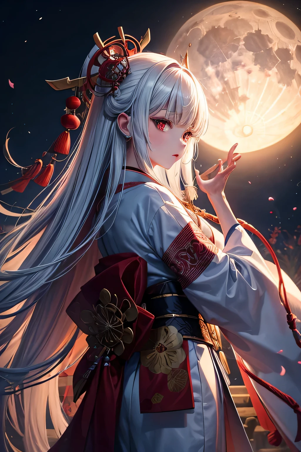 Ancient japanese shrine priestess, Cute Girl, Kimono, Long White Hair, Ruby Red Eyes, Princess, Kaguya, Full Moon, Haori, loli, wielding a priestess staff, summoning spirits, nighttime, highly detailed, vibrant appearance, creative behavior, extremly detailed, imaginative, , spontaneous, highest quality, skin texture, intricate details, (cinematic lighting), RAW photo, 8k, masterpiece,best quality,ultra-detailed,very detailed illustrations,extremely detailed,intricate details,highres,super complex details,extremely detailed 8k cg wallpaper,