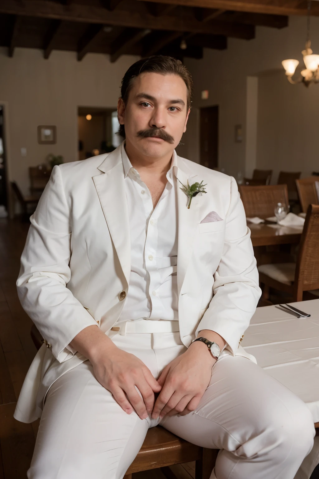 A plump man with a mustache sits at a table in a white wedding suit .